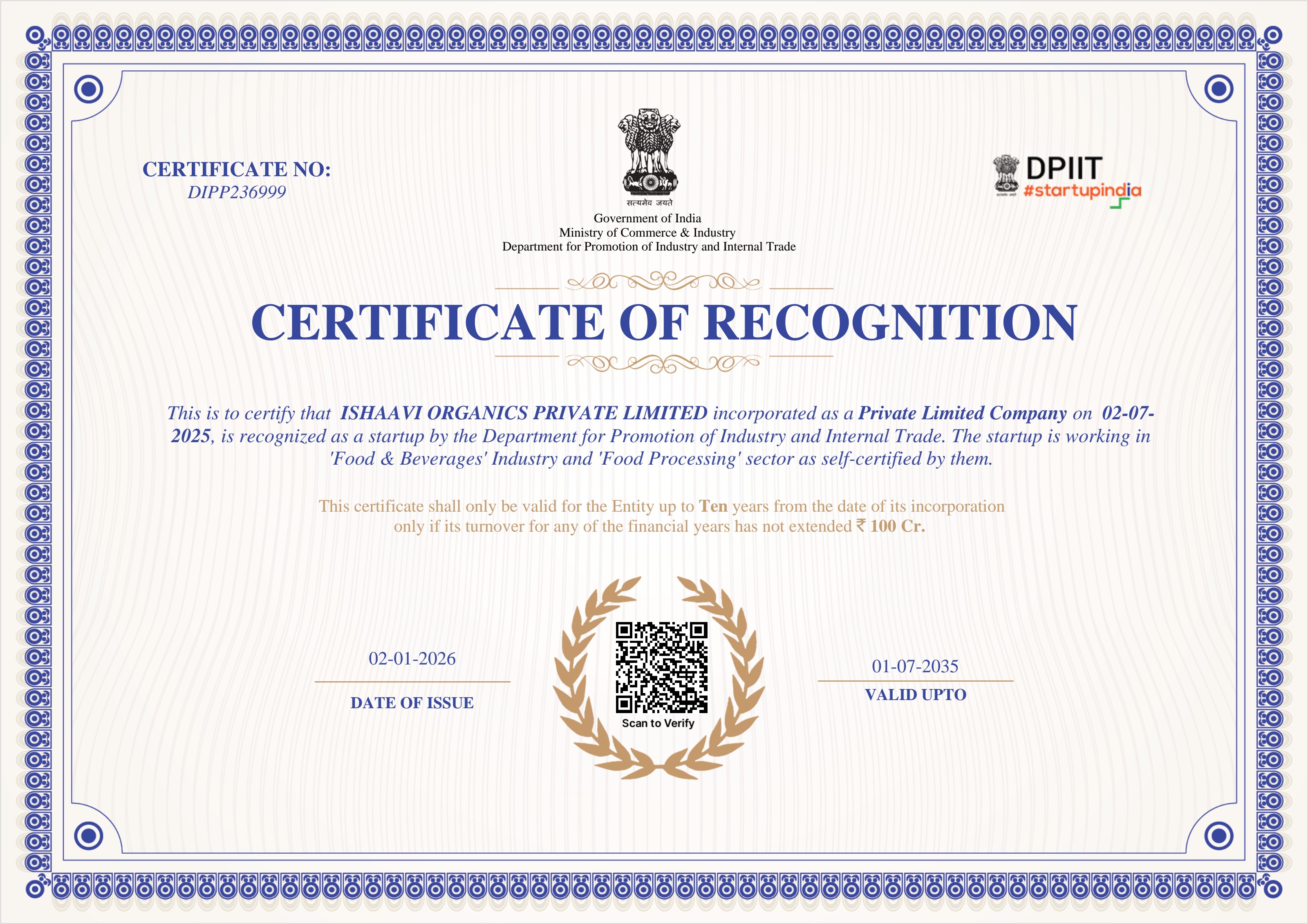 DPIIT Startup India Certificate of Recognition for ISHAAVI Organics Private Limited